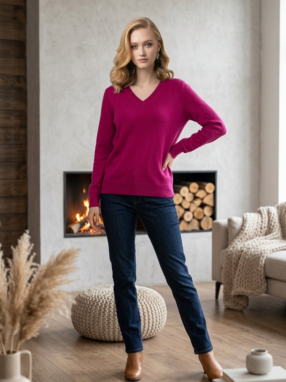 Charter Club V-Neck Cashmere Sweater in Bright Fuchsia Women’s Size XL